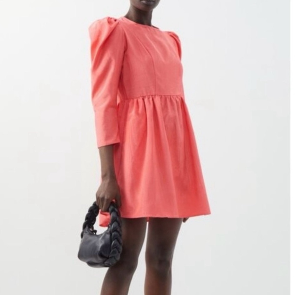 Batsheva Puff-shoulder long sleeve coral pink Moiré Mini Prairie Dress Size 4.
